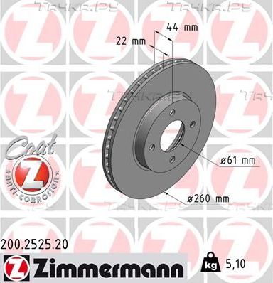 Тормозной диск Zimmermann Coat Z передний для Nissan Micra K13 2010-2016. Артикул 200.2525.20