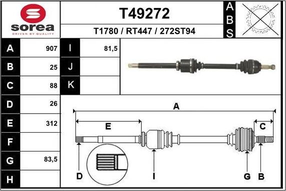 Полуось (привод в сборе, приводной вал) EAI. Артикул T49272