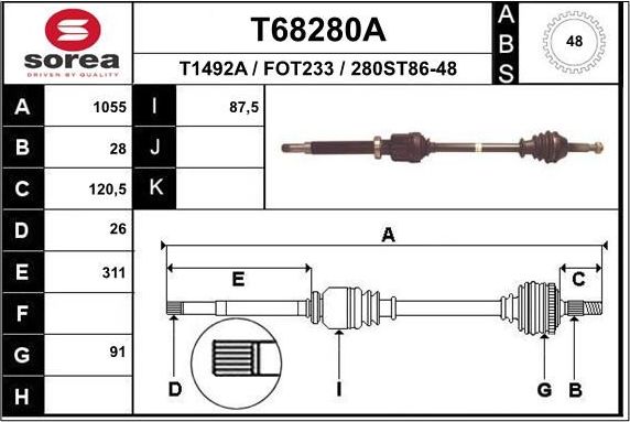 Полуось (привод в сборе, приводной вал) EAI. Артикул T68280A