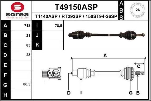 Полуось (привод в сборе, приводной вал) EAI передняя правая для Renault Clio II 1998-2013. Артикул T49150ASP