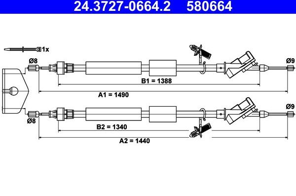 Трос ручника (тросик ручного тормоза) ATE задний для Ford Focus II 2004-2011. Артикул 24.3727-0664.2