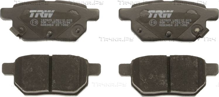 Тормозные колодки TRW COTEC задние для Toyota Corolla E170, E180 2013-2019. Артикул GDB3454