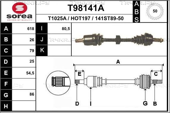 Полуось (привод в сборе, приводной вал) EAI передняя правая для Honda Civic VI 1994-2001. Артикул T98141A