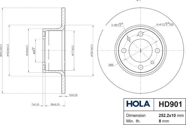 Тормозной диск HOLA передний для ВАЗ 2107 1983-2012. Артикул HD901