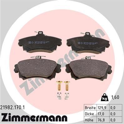 Тормозные колодки Zimmermann передние для Smart Forfour I (W454) 2005-2006. Артикул 21982.170.1