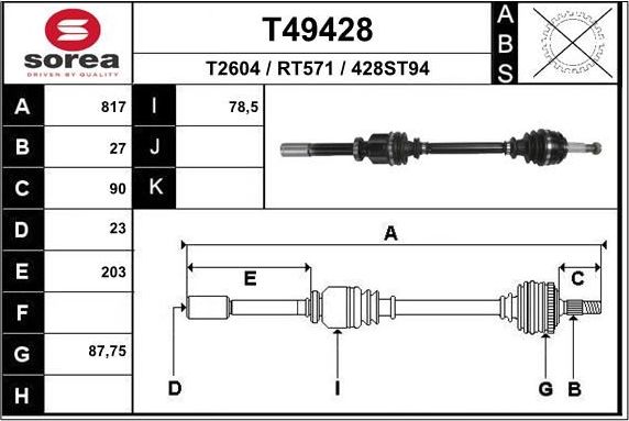 Полуось (привод в сборе, приводной вал) EAI. Артикул T49428