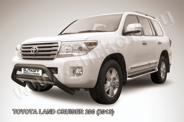 Кенгурятник Slitkoff d76 низкий широкий с перемычкой ЧЕРНЫЙ матовый для Toyota Land Cruiser 200 2013-2015. Артикул TLC2-13-008B
