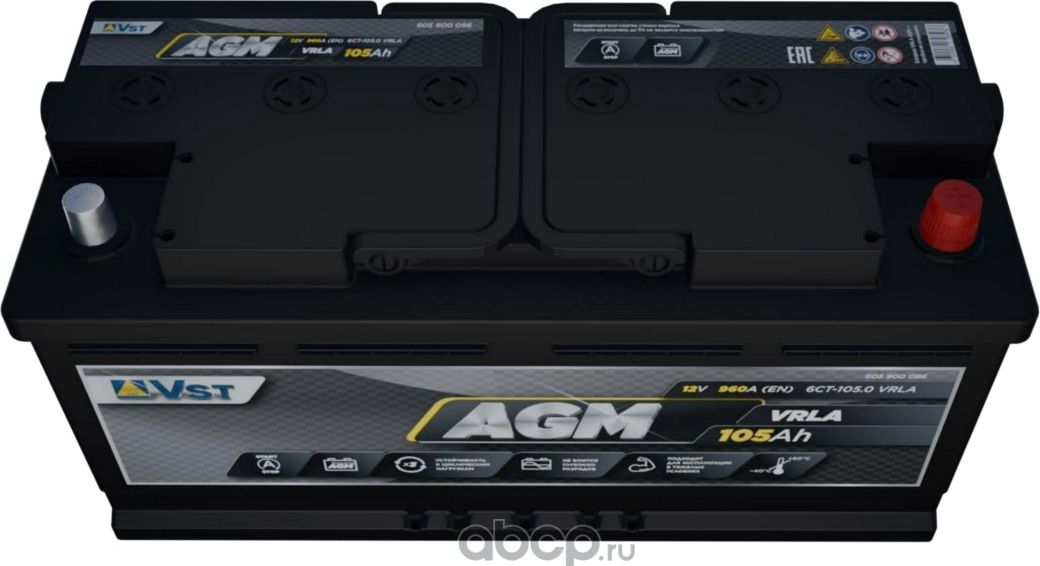 АКБ Start-Stop AGM 105 А ч о.п. VST Standart AGM ток 960 394 х 175 х 190 VST. Артикул 605900096