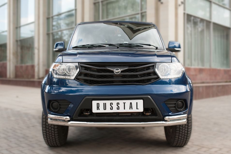 Защита RusStal переднего бампера d63 (секции) d42x2 (дуга) для УАЗ Patriot 2014-2026. Артикул UPZ-002066