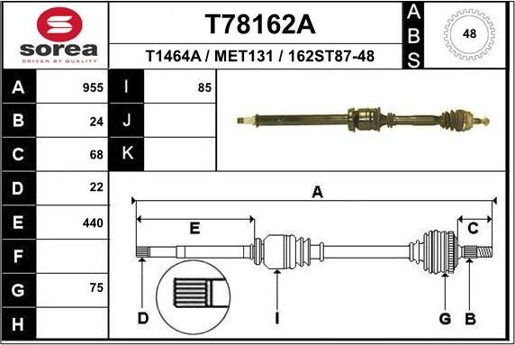 Полуось (привод в сборе, приводной вал) EAI. Артикул T78162A