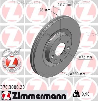 Тормозной диск Zimmermann Coat Z передний для Mazda CX-7 I 2006-2014. Артикул 370.3088.20