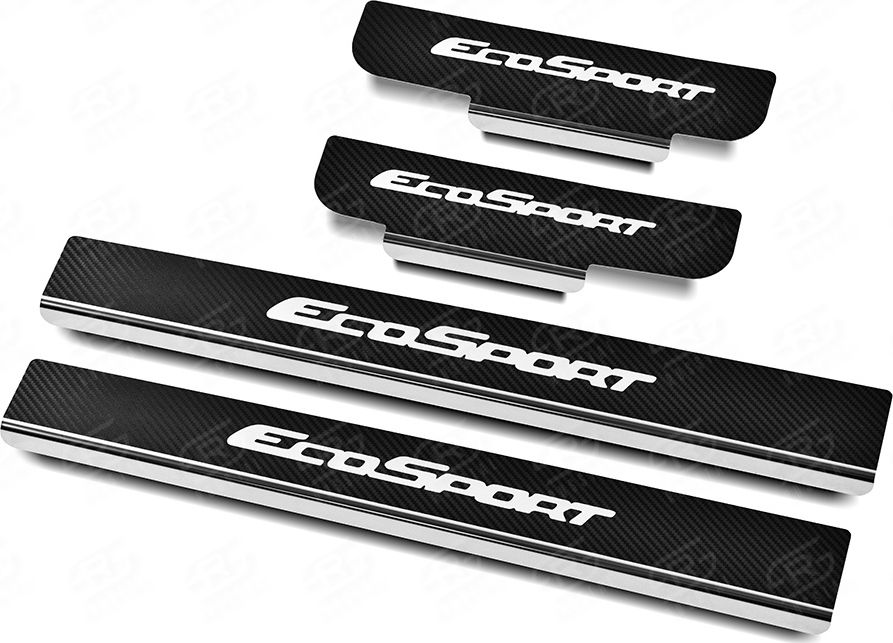 Накладки RusStal на пороги (лист нерж. карбон с надписью) для Ford Ecosport 2014-2026. Артикул FRESP14-06