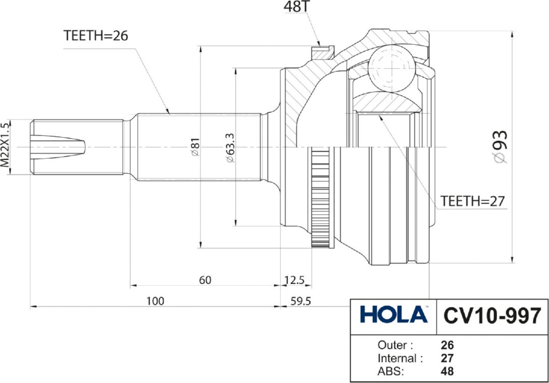 Шрус наружный (граната) HOLA. Артикул CV10-997