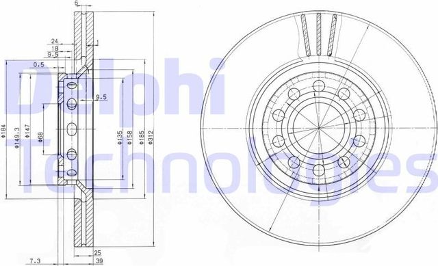 Тормозной диск Delphi передний для SEAT Exeo 2008-2013. Артикул BG3657