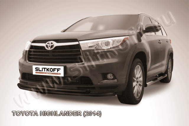 Защита Slitkoff переднего бампера d57/42 двойная ЧЕРНАЯ матовая для Toyota Highlander II 2014-2026. Артикул THI14-002B