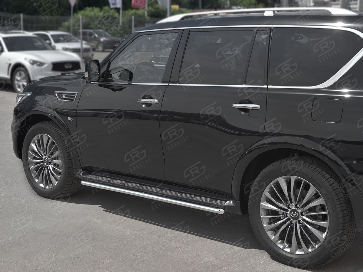 Защита RusStal порогов d42 для Infiniti QX80 I рестайлинг 2018-2026. Артикул IQX8T-003011