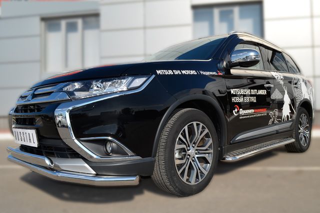 Защита RusStal переднего бампера d63 (секции) d75х42 (дуга) для Mitsubishi Outlander III 2015-2018. Артикул MOZ-002107