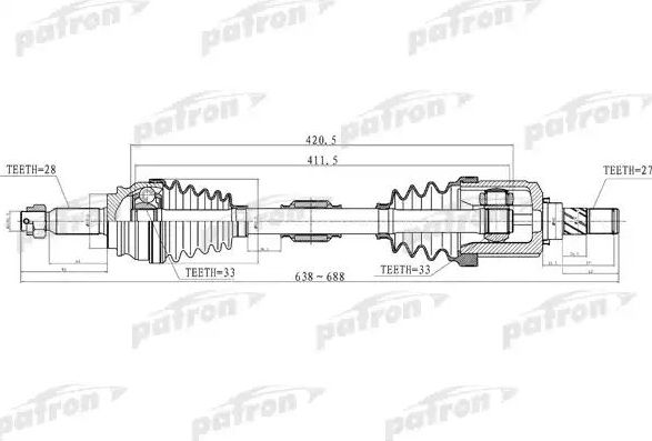 Полуось (привод в сборе, приводной вал) Patron передняя левая для Dodge Caliber I 2006-2013. Артикул PDS2033