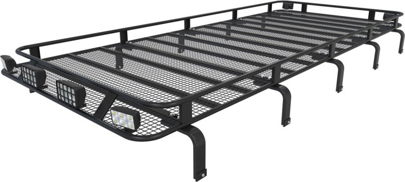 Багажник экспедиционный Podgotoffka 2800x1400x120 с сеткой и креплениями на водостоки для Land Rover Defender 110 1983-2026. Артикул PGT-B.11.04