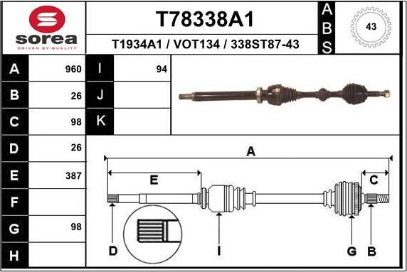 Полуось (привод в сборе, приводной вал) EAI. Артикул T78338A1
