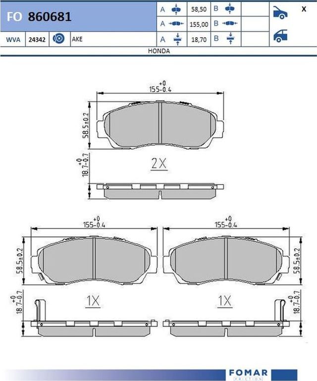 Тормозные колодки Fomar передние для Honda CR-V IV 2012-2018. Артикул FO 860681