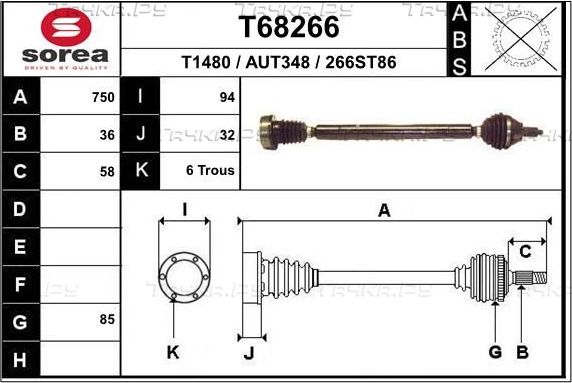 Полуось (привод в сборе, приводной вал) EAI. Артикул T68266
