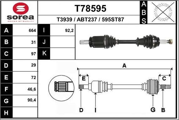 Полуось (привод в сборе, приводной вал) EAI. Артикул T78595