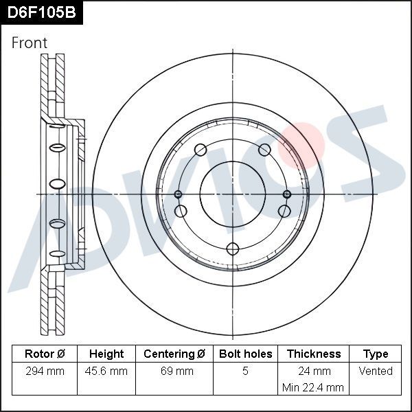 Тормозной диск Advics для Mitsubishi Outlander III 2012-2026. Артикул D6F105B