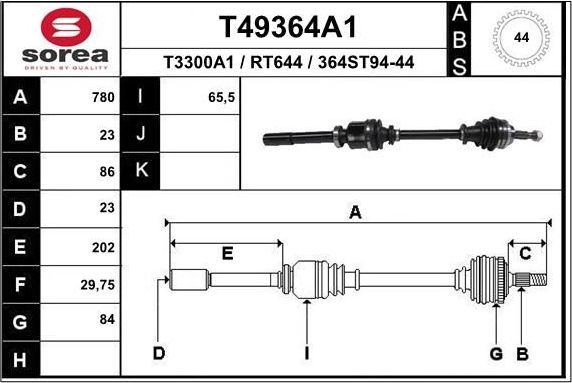 Полуось (привод в сборе, приводной вал) EAI. Артикул T49364A1