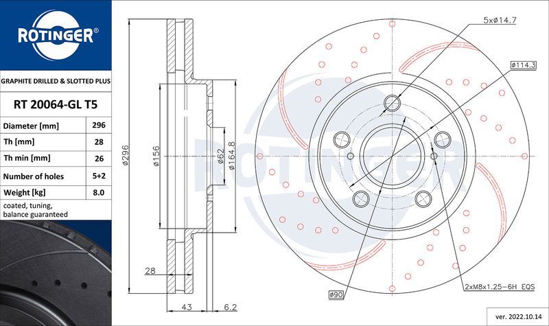 Тормозной диск Rotinger GRAPHITE DRILLED & SLOTTED PLUS. Артикул RT 20064-GL T5