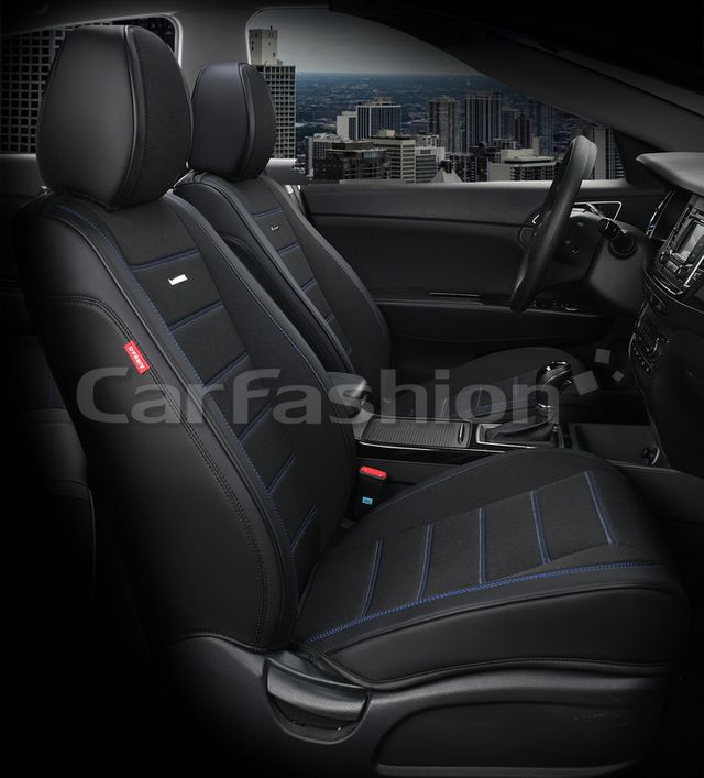 Чехлы универсальные каркасные CarFashion 5D Mayer на передние сидения авто, цвет Черный/Черный/Синий. Артикул 21505