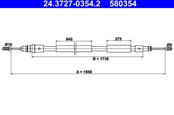 Трос ручника (тросик ручного тормоза) ATE для Citroen Xsara Picasso 1999-2012. Артикул 24.3727-0354.2