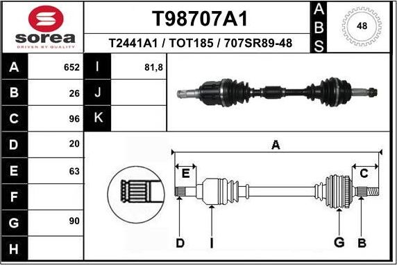 Полуось (привод в сборе, приводной вал) EAI передняя левая для Toyota Avensis II 2003-2008. Артикул T98707A1
