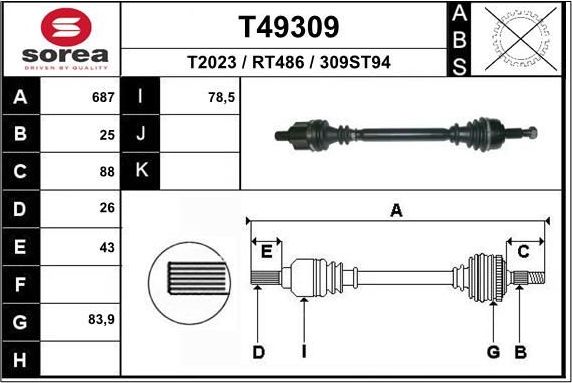 Полуось (привод в сборе, приводной вал) EAI. Артикул T49309