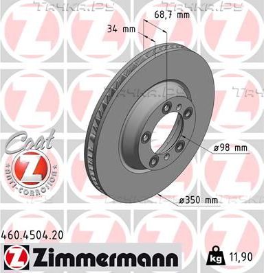 Тормозной диск Zimmermann Coat Z передний левый для Porsche Panamera II 2016-2026. Артикул 460.4504.20