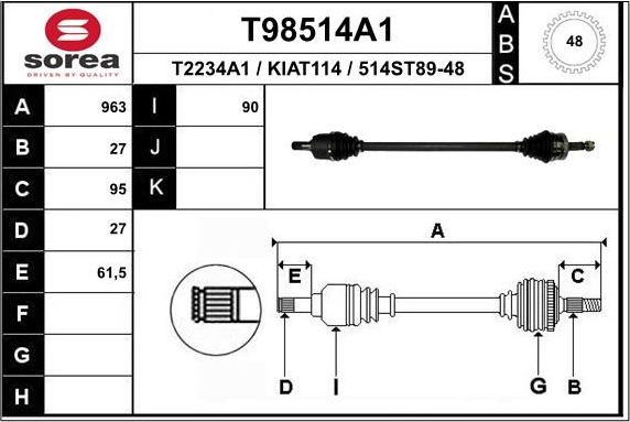 Полуось (привод в сборе, приводной вал) EAI. Артикул T98514A1