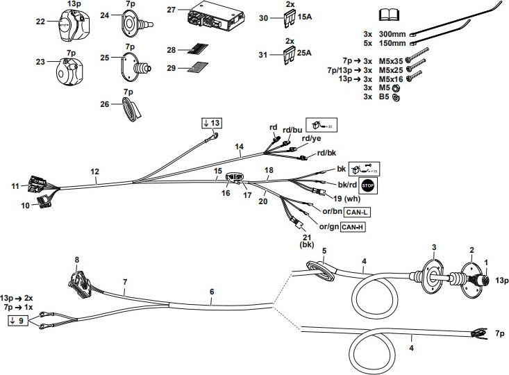 Штатная электрика фаркопа Westfalia (полный комплект) 7-полюсная для Audi A5 купе, спортбек, кабриолет 2016-2026. Артикул 305437300107