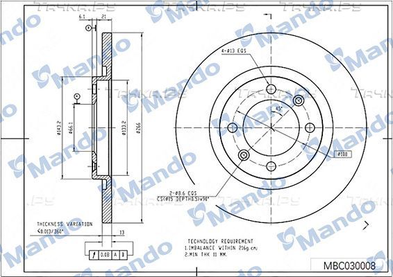Тормозной диск Mando передний для Citroen C-Elysee I 2012-2026. Артикул MBC030008