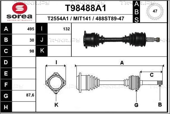 Полуось (привод в сборе, приводной вал) EAI. Артикул T98488A1