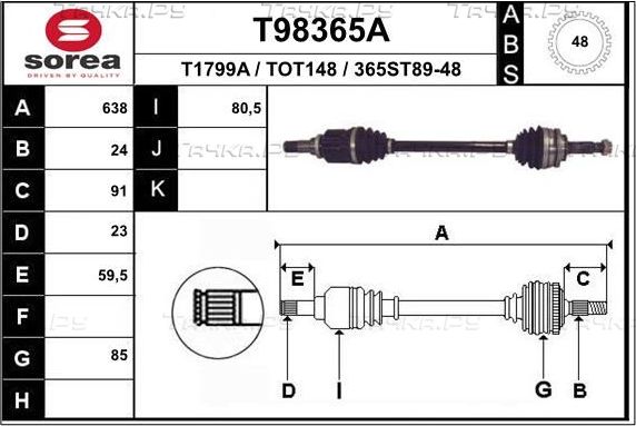 Полуось (привод в сборе, приводной вал) EAI передняя левая для Toyota Yaris II 2005-2012. Артикул T98365A