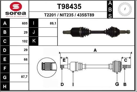 Полуось (привод в сборе, приводной вал) EAI. Артикул T98435