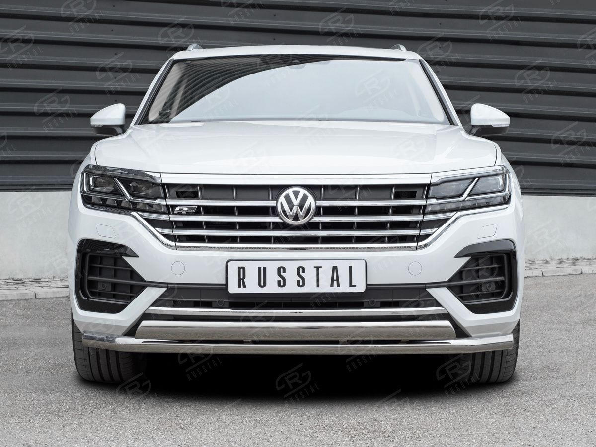Защита РусCталь переднего бампера d63 секции-d75x42 дуга для Volkswagen Touareg III 2018-2026 (кроме 2.0 TSI). Артикул VWTZ-003061