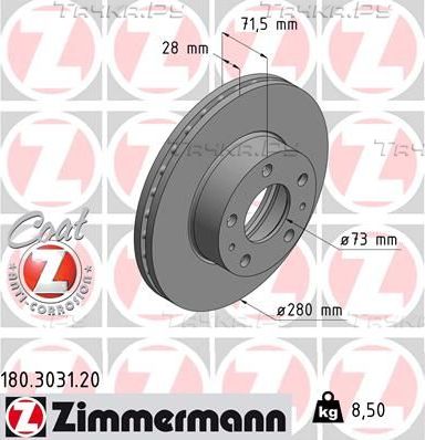 Тормозной диск Zimmermann Coat Z передний для Citroen Jumper II 2015-2019. Артикул 180.3031.20