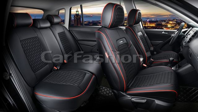 Чехлы универсальные каркасные CarFashion 5D Titan Plus на сидения авто, цвет Черный/Черный/Красный/Красный. Артикул 27239