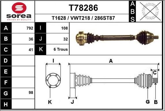 Полуось (привод в сборе, приводной вал) EAI. Артикул T78286