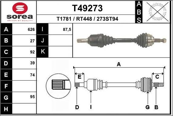 Полуось (привод в сборе, приводной вал) EAI. Артикул T49273