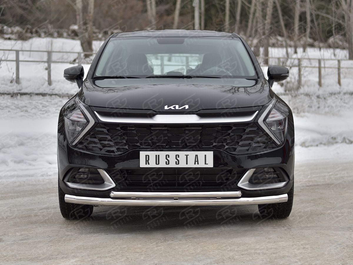 Защита RusStal переднего бампера d63 секции-d42 дуга для Kia Sportage V (кроме Style и X-Line) 2021-2026. Артикул KSZ-004028