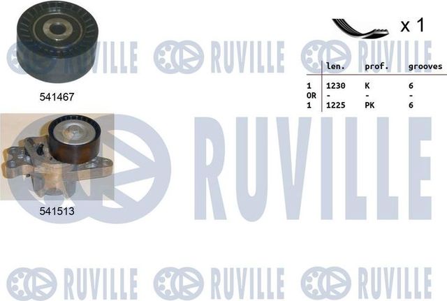 Приводной ремень поликлиновой с роликами (комплект) Ruville для Peugeot Bipper 2008-2026. Артикул 570133