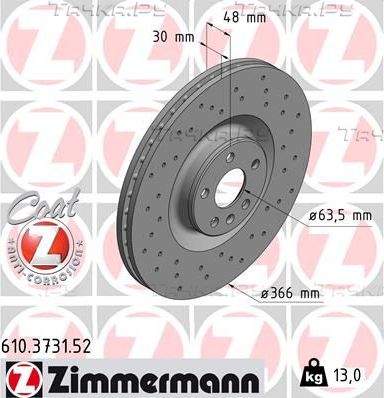 Тормозной диск Zimmermann Sport Coat Z передний для Volvo XC60 II 2017-2026. Артикул 610.3731.52