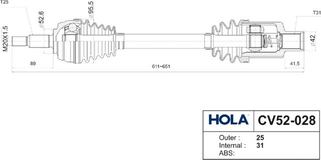 Полуось (привод в сборе, приводной вал) HOLA. Артикул CV52-028